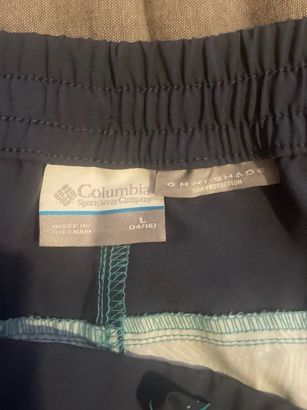 Columbia Kids Navy Swim Trunks with Teal & Pink Stripes